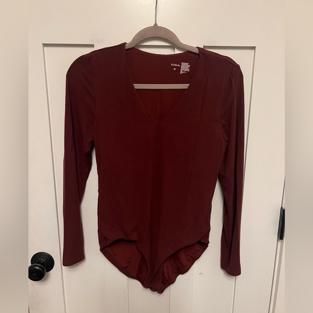 Soma Women's Ribbed Long-Sleeve V-Neck Bodysuit in a maroon red Size Medium M